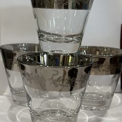 Mid Century Set Of Platinum Rim Etched Barware