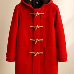 New Red Wool Winter Duffle Coat With Hood And Wooden Toggles 