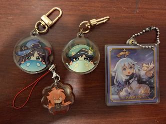 Genshin Impact: Mona, Venti, & Paimon Keychains + Diluc phone charm