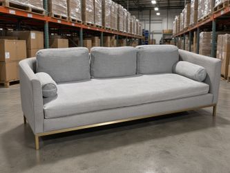 Custom Gray Linen Sofa with Bolsters | Brass Base — $495