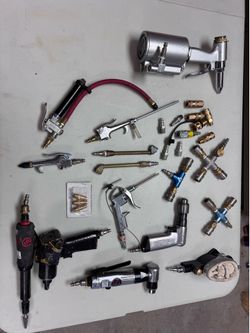 Lot of pneumatic air compressor tools and connectors—Jet, Ingersoll rand, Milton,