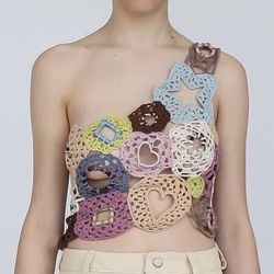 Lirika Matoshi one-shoulder colorful crochet crop top size S small