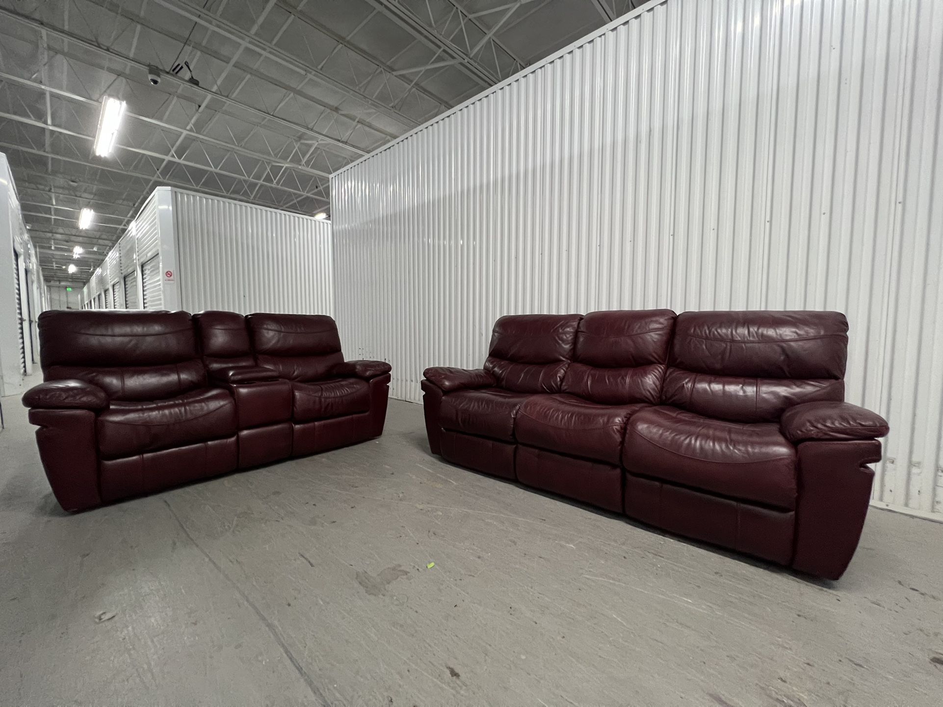 Oversized Burgundy Genuine Leather Reclinable Set (Couch & Loveseat +cup holders) FREE DELIVERY!
