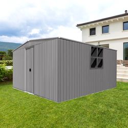14x12 Ft New Outdoor Storage Shed Has Two Functions:Metal Shed And Firewood Shed , More Suitable For Winter , Grey