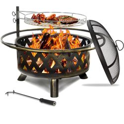 UDPATIO Fire Pit with Grill for Outside 30 Inch Outdoor Wood Burning Firepit Large Steel Firepit with Cooking Swivel BBQ Grill for Backyard Bonfire Pa