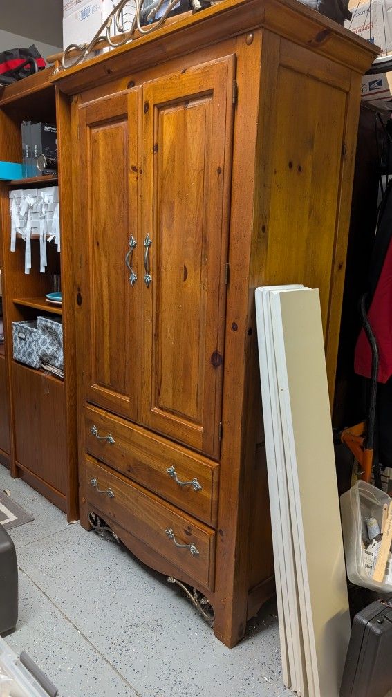 Solid Wood Armoire With Shelves And Three Drawers