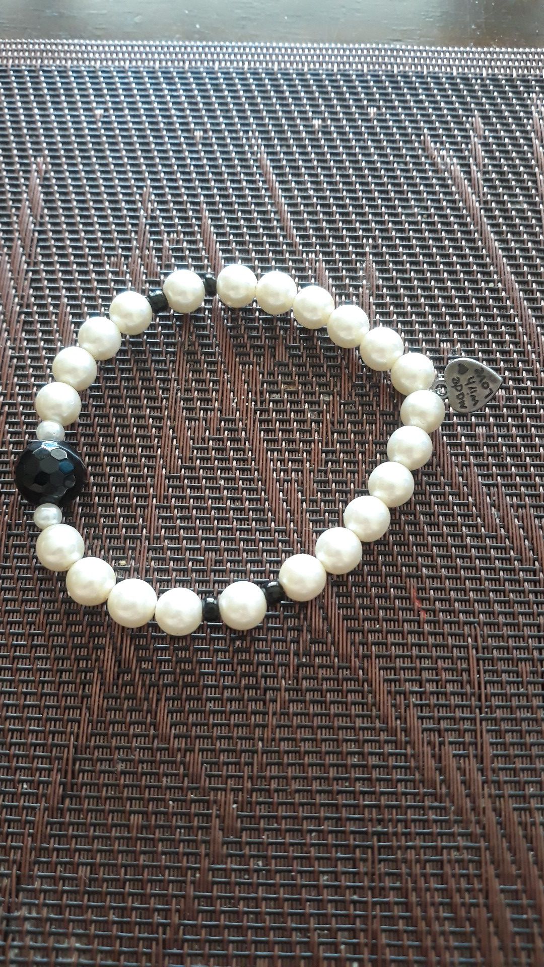 High Quality Handcrafted Hildie & Jo. Faux Pearl glass bracelet with a charm "made with love"