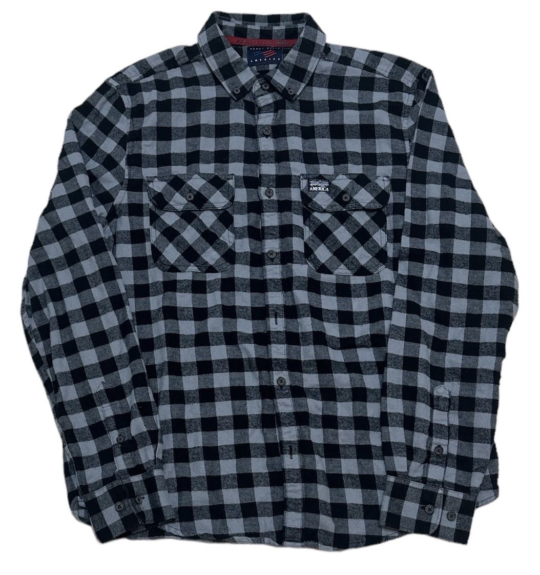 Perry Ellis America Flannel Button Down Shirt Men’s L Grey Black Plaid Pocket