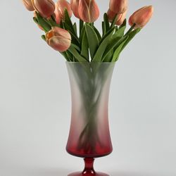 Vintage Frosted Glass Cranberry Red to White Ombré Pedestal Vase / Hurricane Candle Holder 9.5” H 