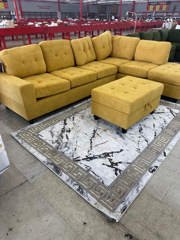 Brand New Mustard Sectional With Storage Ottoman