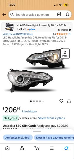 LED Headlight Assembly DRL Headlights Fit for 2013- 2016 Scion FR-S/ 2017-2020 Toyota 86/2013-2020 Subaru BRZ Projector Headlight 2PCS