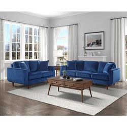 Brand New Blue Velvet Midcentury Sofa + Loveseat 2PCs Set