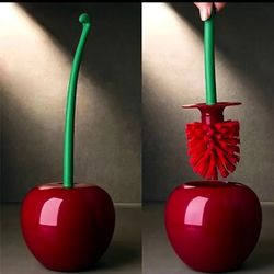 1pc Cherry-Shaped Toilet Brush Holder with Green Stem - Reusable, Freestanding Plastic Bathroom 