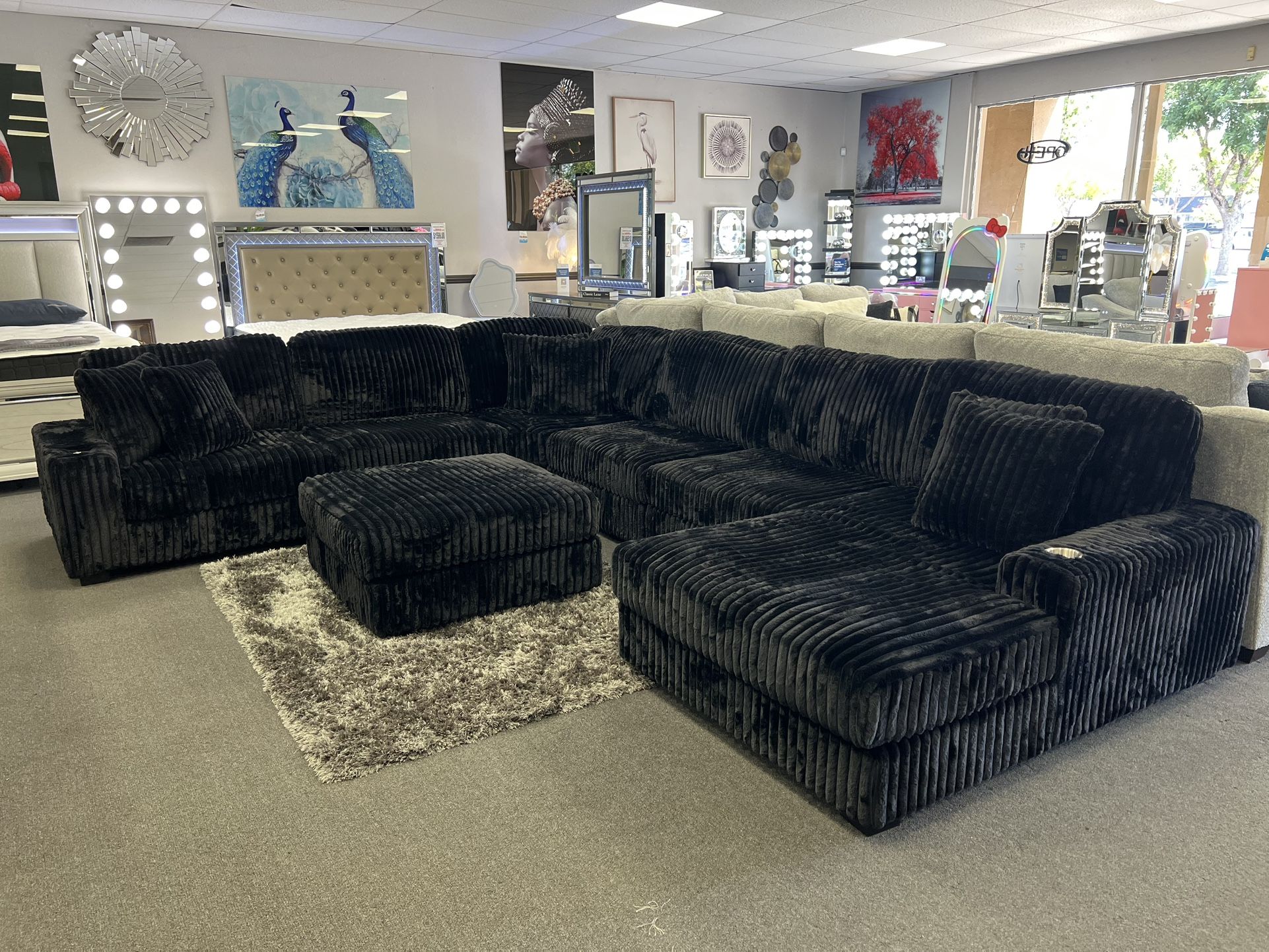 Black Corduroy Sofa Sectional w/ FREE Ottoman & Cup Holders & USB Ports