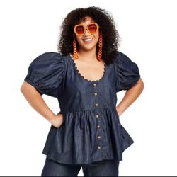 NWT Kika Vargas x Target PLUS SIZE 3x Puff Sleeve Button-Down Top Indigo