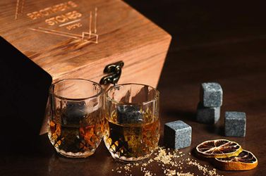 Whiskey Stones Gift Set - Chilling Rocks with Glasses and Handmade Wooden Box