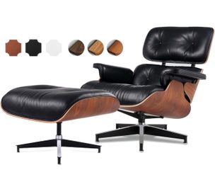 Eames-Style Lounge Chair & Ottoman - Black Faux Leather, Walnut Color Wood