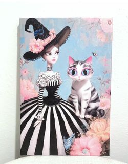 Whimsical Witch With Kitty Cat Wall Art 💫Like New