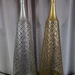 Pierced Moroccan Style Gold And Silver Metal Lattice Vase