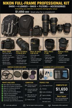 Nikon D600 + 70-200mm f/2.8 VR II + 4 Lenses, Filters & Bags