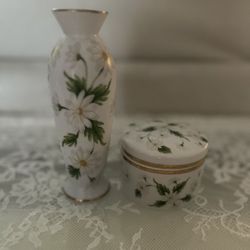 Lefton Porcelain Bud Vase And Trinket Jar