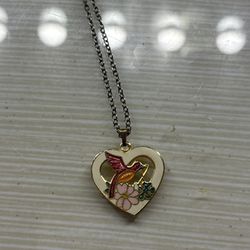 Vintage Cloisonné Colorful Heart  Bird Pendant Necklace