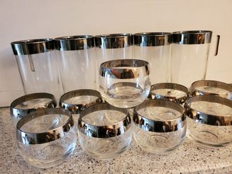 (Real) Silver Rim Bar Crystal Glassware & Punch Bowl From 1960s