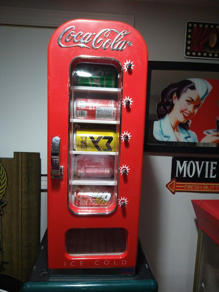 Coca-Cola Retro Vending Machine Style 10 Can Thermoelectric Mini Fridge, 12V DC/110V AC with tall window display for Home, Dorm, Office, Travel and Ga