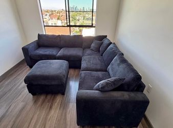 BRAND NEW BLACK CORDUROY SECTIONAL SOFA COUCH WITH OTTOMAN