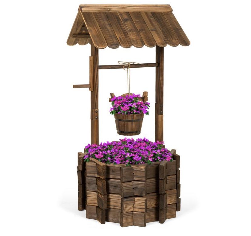 Rustic Wooden Wishing Well Planter Yard Decoration w/ Hanging Bucket