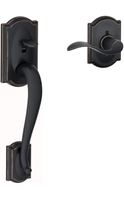Kwikset San Clemente Single Cylinder Low Profile Front Lock Handleset with Halifax Door Handle Lever Featuring SmartKey Security, Iron Black & Halifax