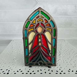 Vintage Christmas Angel Cast Iron & Stained Glass Votive Candle Holder 6 1/2” tall x 3 1/2” wide  Marked Taiwan on bottom