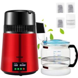226}1.1Gal Water Distiller 0.3Gal/H Distilled Water Maker Machine 750W 0-99H Timing Dual Temp Display Stainless Steel - Red