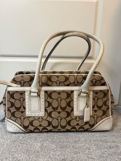 Coach Signature Monogram Medium Satchel Zip Top Beige Brown White Bag Charm