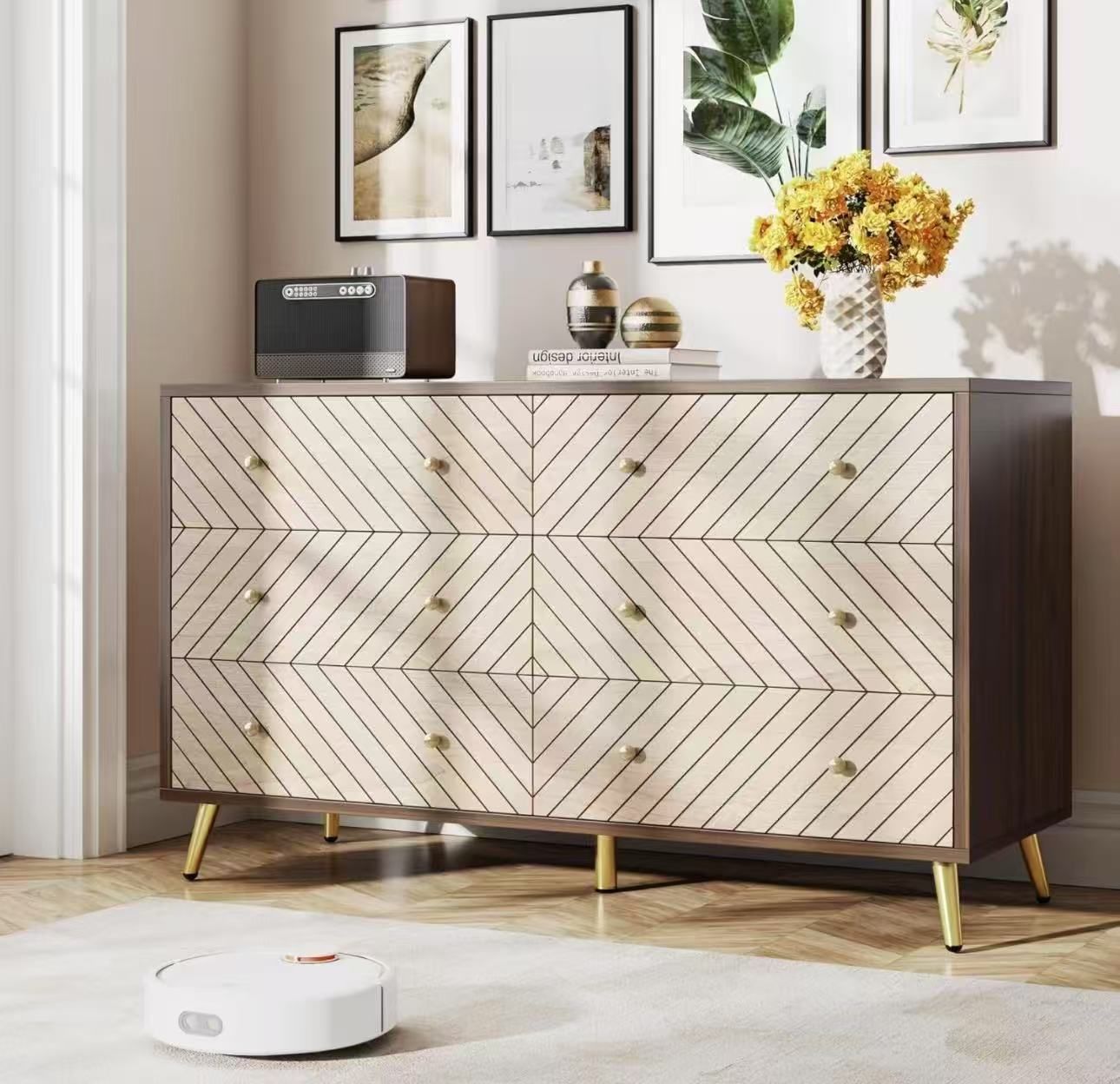 New assembled 47-Inch Dresser for Bedroom with 6 Drawers, Double Wide Chest of Drawers with Gold Legs, Wood and Metal Storage Dresser for Closet, 6-Dr