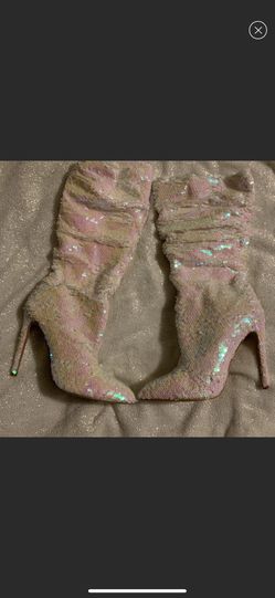 Pink and White Sequin Boots