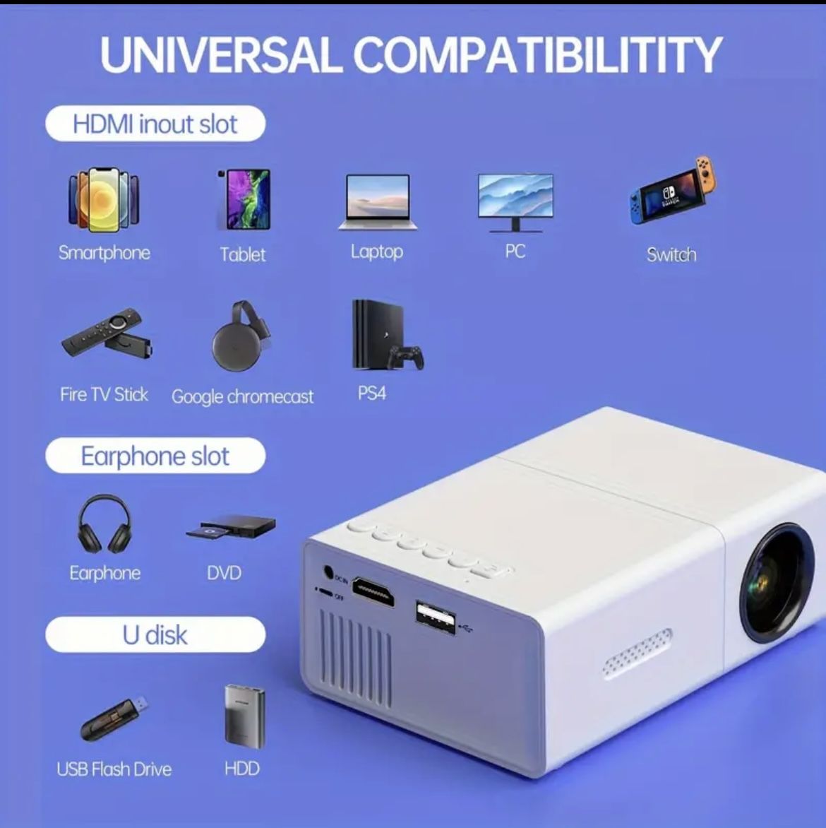 New In Box Q1 600Lumen Home Theater Mini Video Projector,1080P Supported,Portable HD Movie Projector,Compatible With USB,AV,Suitable For Outdoor Campi