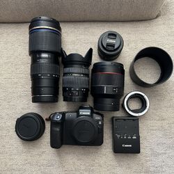 Canon R, 85mm Samyang f1.4 rf lens, 50mm canon f1.8 lens,, 28-75mm tamron f2.8 lens, viltrox adapter, 70-200mm tamron f2.8(not working)  