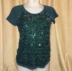 Ann Taylor LOFT Green Sequin Front Short Sleeve Shirt