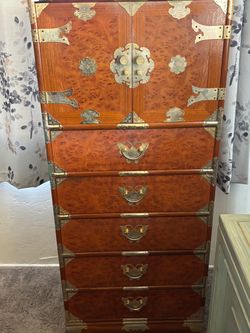 Vintage Korean Elm Burlwood & Brass Lingerie Chest / Tansu