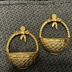 Set Of 2 Small Plastic Gold Tone Basket Wall Hangings 