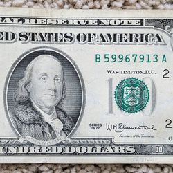 1977 vintage small face $100 note Federal Reserve bill old paper money American currency