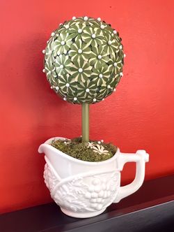 White Milk Glass Creamer With Topiary 