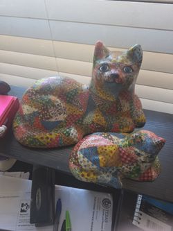 Vintage Patchwork Cat Figurines Set of 2