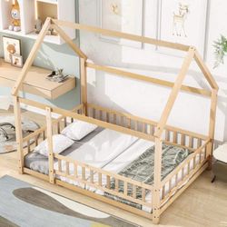 Full Size Floor Wooden Bed with House Roof Frame, Fence Guardrails,Nartural