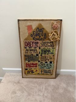 Large Rustic Burlap Canvas Wall Art – "Our Family Rules" Farmhouse Decor (3D Rosettes)