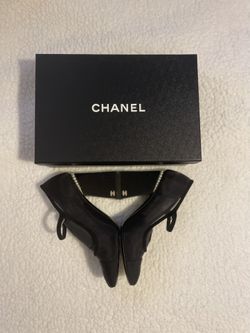 CHANEL Mesh Suede Grosgrain Pearls Cap Toe Open Slingback Pumps 39.5 Black