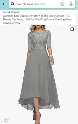 Women's Lace Applique Mother of The Bride Dresses 1/2 Sleeves Tea Length Chiffon Wedding Formal Evening Party Gowns Silver/Grey Size 8