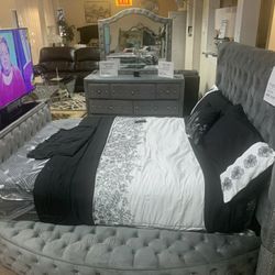 Queen bedroom Set (Bed w/ Dresser and Mirror) $10 down