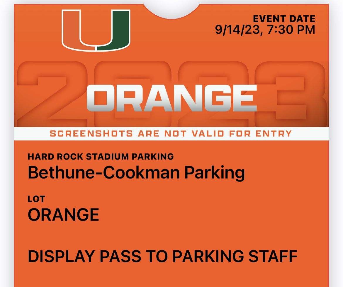 Miami Hurricanes Vs Bethune Cookman Orange Parking Pass